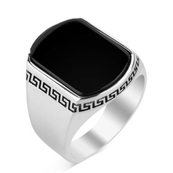 Simple Mens Ring İn Sterling Silver With Black Onyx And Stone - 2