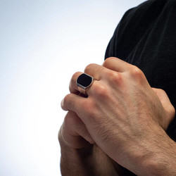 Simple Mens Ring İn Sterling Silver With Black Onyx And Stone - Thumbnail