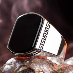 Simple Mens Ring İn Sterling Silver With Black Onyx And Stone - Thumbnail
