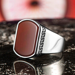 Simple Model Mens Ring İn Sterling Silver With Red Agate And Burgundy Stone - 1