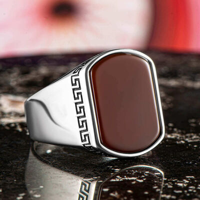 Simple Model Mens Ring İn Sterling Silver With Red Agate And Burgundy Stone - 2