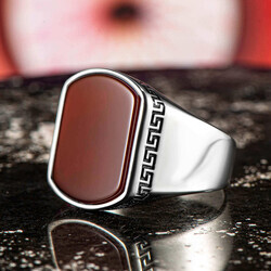 Simple Model Mens Ring İn Sterling Silver With Red Agate And Burgundy Stone - 4