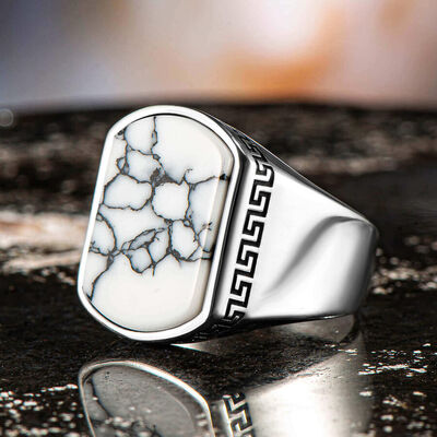 Simple Model Mens Ring İn Sterling Silver With White Turquoise Stone - 1