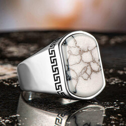 Simple Model Mens Ring İn Sterling Silver With White Turquoise Stone - 2