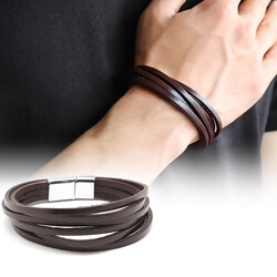 Six Rows Brown Combined Men's Bracelet Leather-Steel - Thumbnail