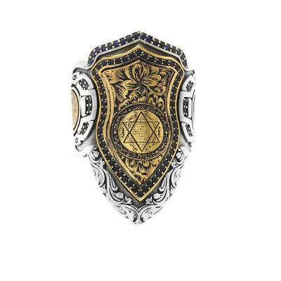 Siyah Zirkon Taş Mıhlamalı 'Mühr-i Süleyman' İşlemeli Free Size 925 Ayar Gümüş Okçu (Zihgir) Yüzüğü - 2