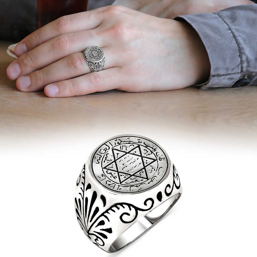 Solomon Seal Motif 925 Sterling Silver Mens Ring