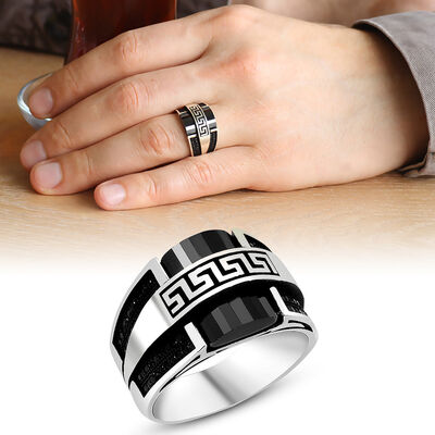 مصمم خاص خاتم من الزركون الأسود المطرز من الجزع الأسود ، خاتم رجالي من الفضة الإسترليني عيار 925 - 1