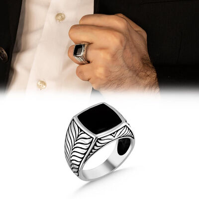 Special Designer Mens Linear Edge Black Onyx Sterling Silver Ring - 1
