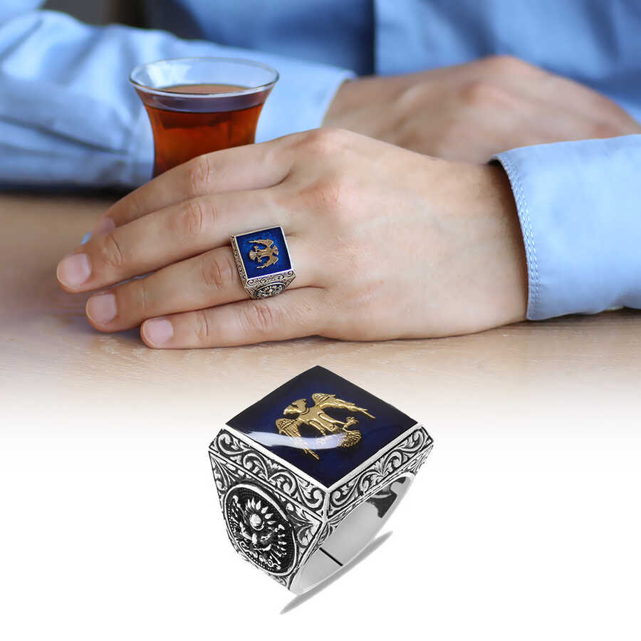 Square Design, Double-Headed Eagle And Coat Of Arms, Themed Blue Mens 925 Sterling Silver Ring With Enamel