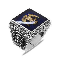Square Design, Double-Headed Eagle And Coat Of Arms, Themed Blue Mens 925 Sterling Silver Ring With Enamel - Thumbnail