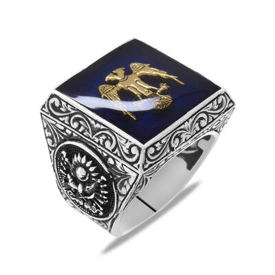 Square Design, Double-Headed Eagle And Coat Of Arms, Themed Blue Mens 925 Sterling Silver Ring With Enamel