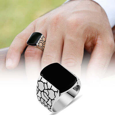 Square Mens 925 Sterling Silver Black Onyx Ring - 1