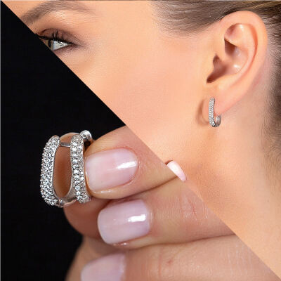 Starlight Diamond Mikro Zirkon Taşlı 'U' Tasarım 925 Ayar Gümüş Küpe - 6