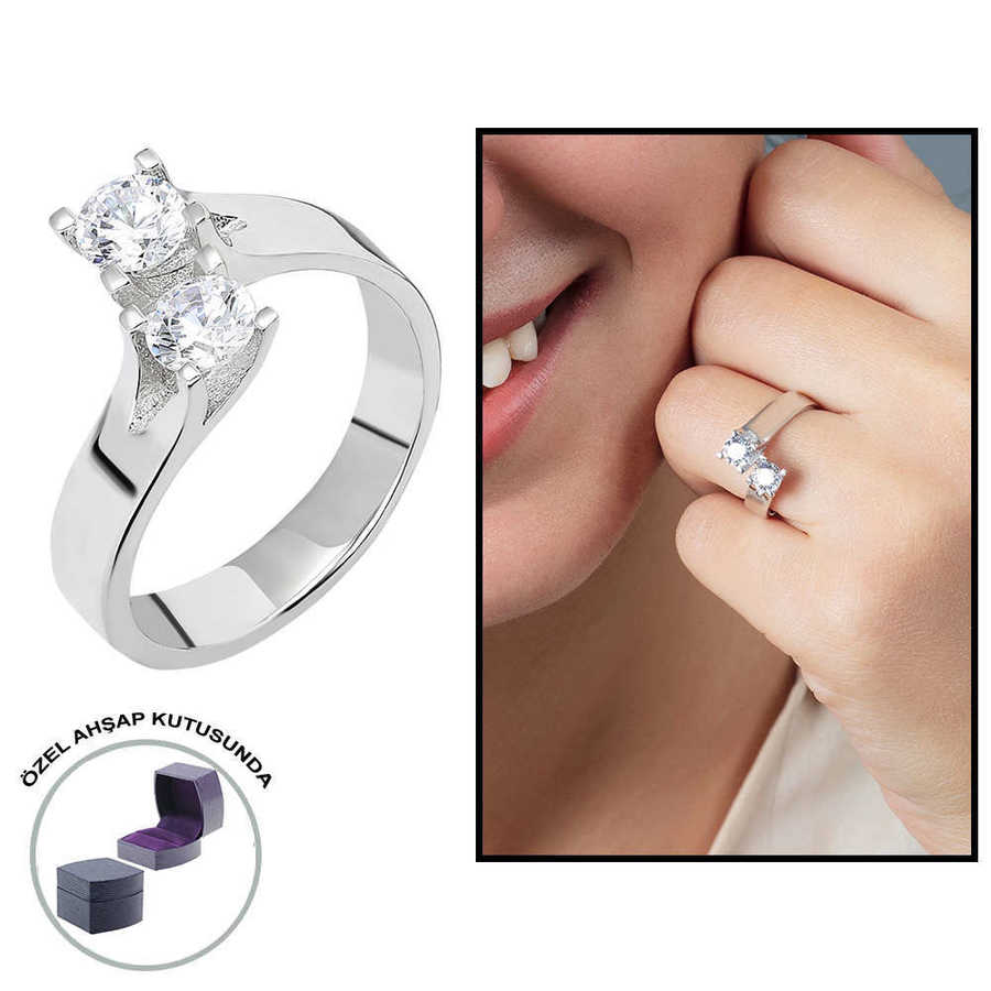 Starlight Diamond Monter Asymmetric 925 Sterling Silver Women's Double Stone Ring