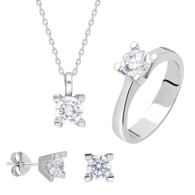 Starlight Diamond Pırlanta Montür 'V' Tektaş 925 Ayar Gümüş 3'lü Takı Seti - 2