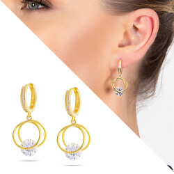 Starlight Diamond Tektaşlı Kalp Tasarım Gold Renk 925 Ayar Gümüş Sallantılı Küpe - 1