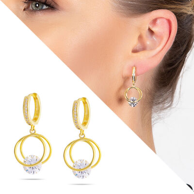 Starlight Diamond Tektaşlı Kalp Tasarım Gold Renk 925 Ayar Gümüş Sallantılı Küpe - 1
