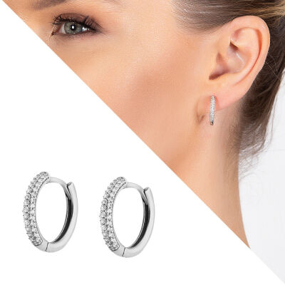 Starlight Diamond Üç Sıra Zirkon Taşlı Halka Tasarım 925 Ayar Gümüş Küpe - 1