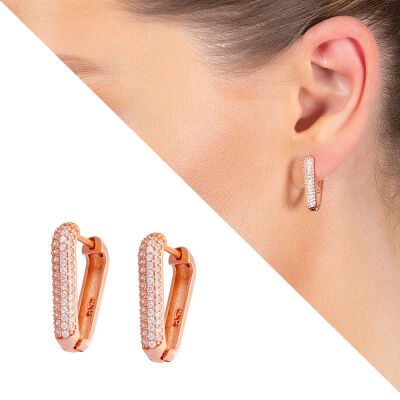 Starlight Diamond Zirkon Taşlı 'V' Tasarım Rose Renk 925 Ayar Gümüş Küpe - 1