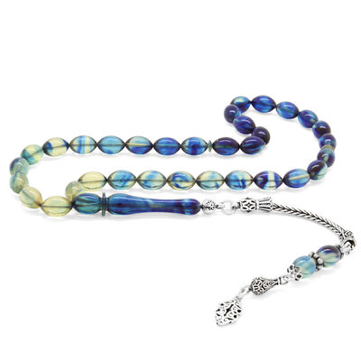 Sterling Silver 925 With Barley Tassels, Filtered Blue And White Fire Amber Rosary