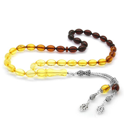 Sterling Silver 925 With Barley Tassels, Filtered Red-Yellow Drops Of Amber Rosary