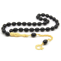 Sterling Silver Ayyildiz Tasseled Black Tailed Amber Tasbih With Imitation Replacement - Thumbnail
