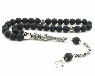 Sterling Silver Ayyıldız Tasseled Sphere Cut Onyx Natural Stone Tasbih - 1