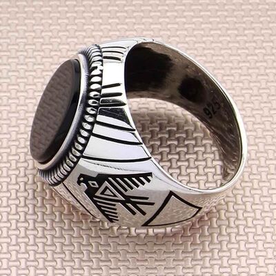 Sterling Silver Mens Ring With Black Onyx And Eagle - 2