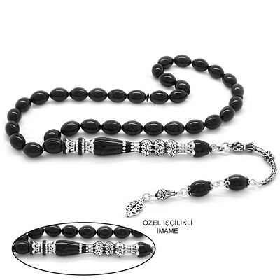 Sterling Silver, Silver With Tassels, Three Sharpened Nakkash, Decorated With Black, Tightened Amber Rosary - 1