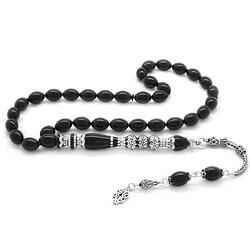Sterling Silver, Silver With Tassels, Three Sharpened Nakkash, Decorated With Black, Tightened Amber Rosary - 2