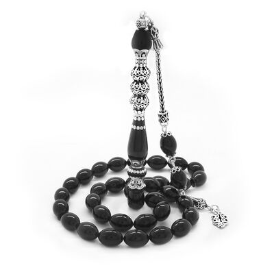 Sterling Silver, Silver With Tassels, Three Sharpened Nakkash, Decorated With Black, Tightened Amber Rosary - 3