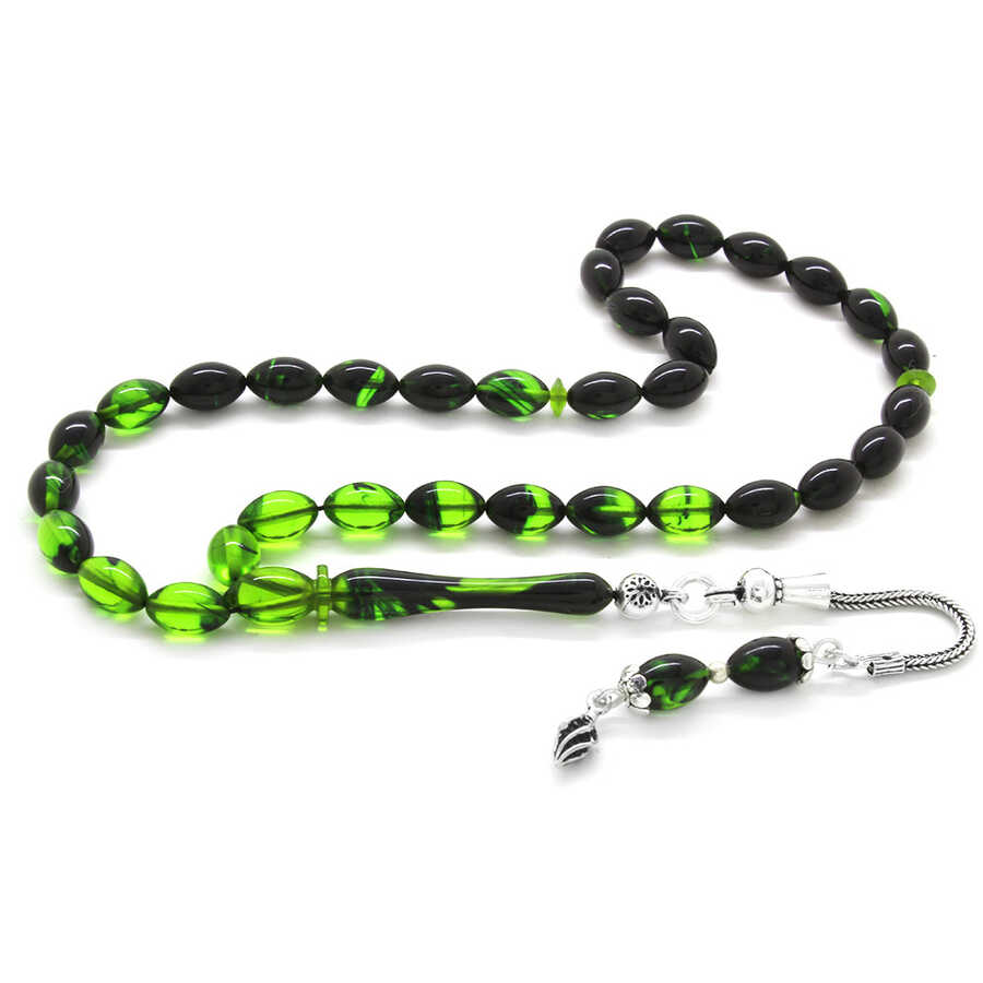 Sterling Silver, Tassel, Wrist Size, Filtered, Green-Black, Fire-Amber Rosary