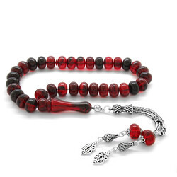 Sterling Silver With A Tassel, Red-Black Rosary From Fiery Amber - Thumbnail