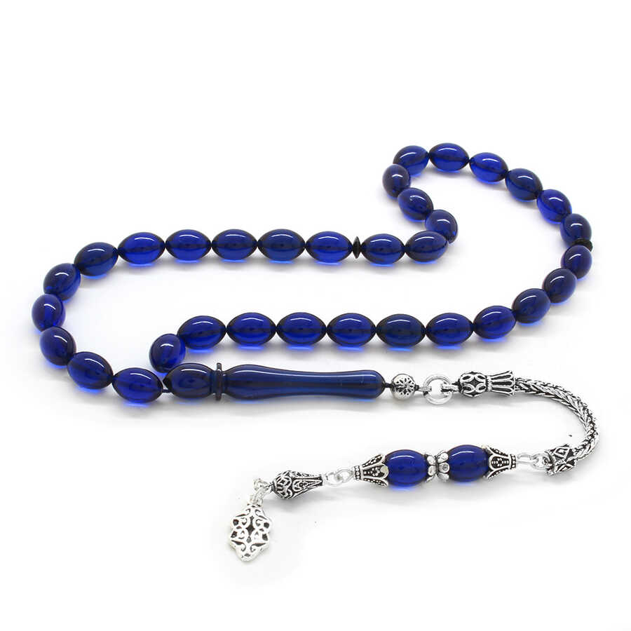 Sterling Silver With Barley Tassel, Dark Blue Compressed Amber Rosary