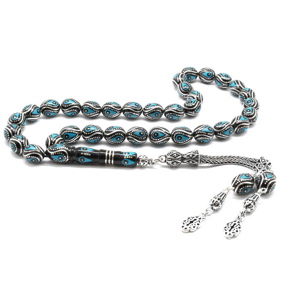 Sterling Silver With Tassel, Silver-Turquoise İnlay, Barley-Cut Erzurum Oltu Rosary (M2)