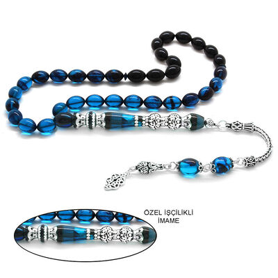 Sterling Silver With Tassels, Silver, Double, Polished, Nakkash, Decorated With Filters, Turquoise Black, Fire Amber Rosary