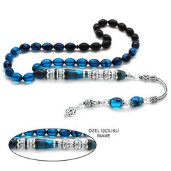 Sterling Silver With Tassels, Silver, Double, Polished, Nakkash, Decorated With Filters, Turquoise Black, Fire Amber Rosary - Thumbnail