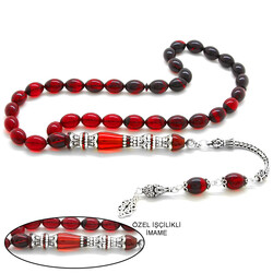 Sterling Silver With Tassels, Silver, Three Sharpened Nakkash, Decorated With Filters, Red-Black, Fire-Amber Rosary - Thumbnail
