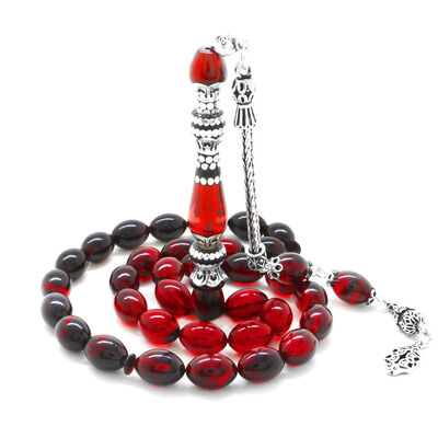 Sterling Silver With Tassels, Silver, Three Sharpened Nakkash, Decorated With Filters, Red-Black, Fire-Amber Rosary