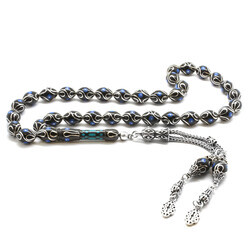 Sterling Silver With Tassels, Silver-Turquoise İnlay, Barley-Cut Erzurum Oltu Rosary (M3) - Thumbnail