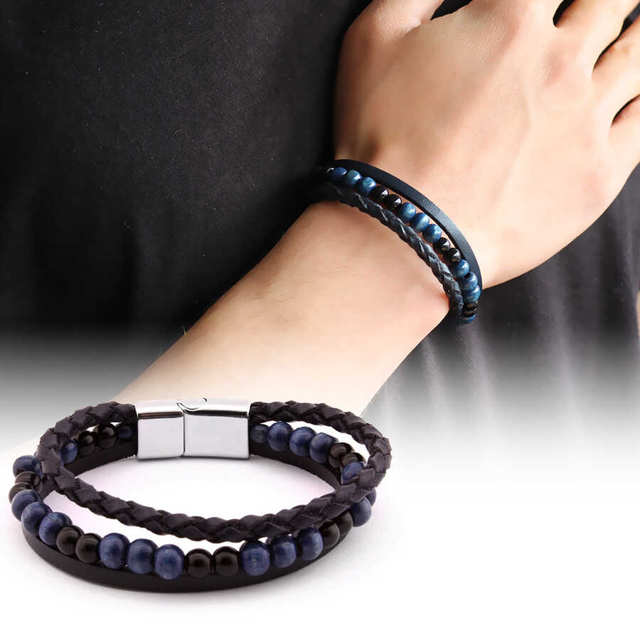 Straw Design 3-Line Kuka Combo Bracelet, Black, Navy, Steel And Leather