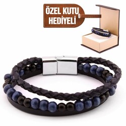Straw Design 3-Line Kuka Combo Bracelet, Black, Navy, Steel And Leather - Thumbnail