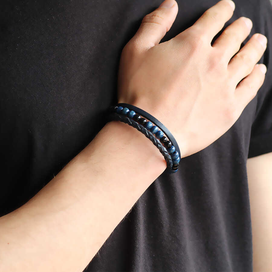 Combined Mens Bracelet İn Dark Blue-Brown Steel And Leather With Double  Straw Design Bracelet Tesbihane