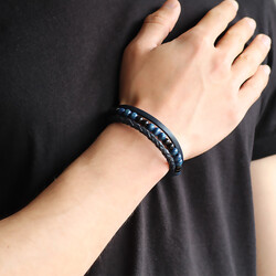 Straw Design 3-Line Kuka Combo Bracelet, Black, Navy, Steel And Leather - 2