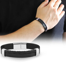 Straw Design Double Row Black Combined Steel And Leather Mens Bracelet - Thumbnail