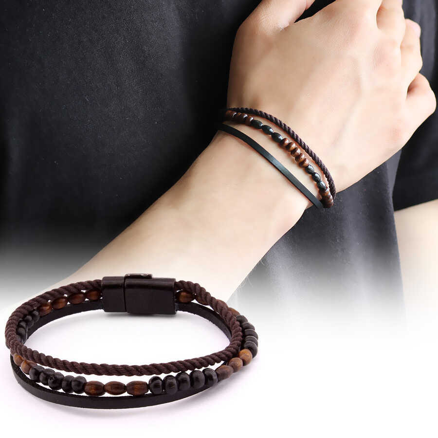 Straw Design Kuka Embroidered Steel And Leather Three-Row Combined Bracelet İn Black And Brown