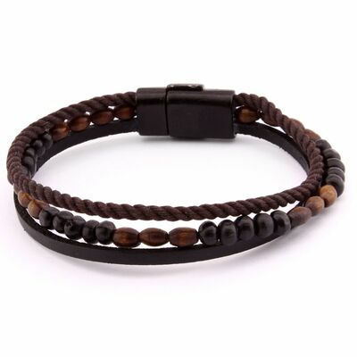 Straw Design Kuka Embroidered Steel And Leather Three-Row Combined Bracelet İn Black And Brown
