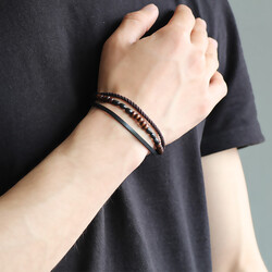 Straw Design Kuka Embroidered Steel And Leather Three-Row Combined Bracelet İn Black And Brown - 2
