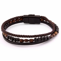 Straw Design Kuka Embroidered Steel And Leather Three-Row Combined Bracelet İn Black And Brown - 3